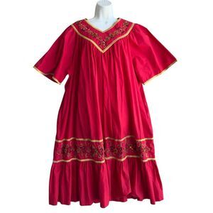 Go Softly Lounge House Dress Women's L Red Metallic Gold Trim Gems Loungewear